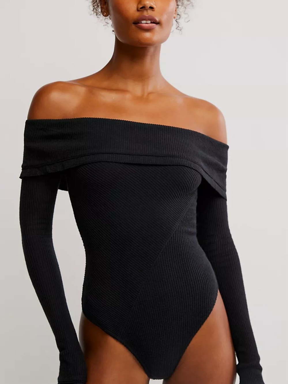 Free People Intimately Autumn Cozy Black Waffle Knit Thermal Bodysuit Small NWT